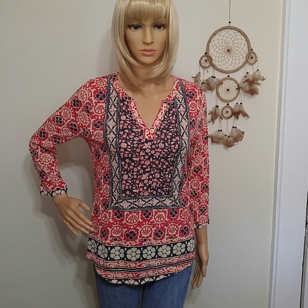 Lucky Brand block floral split neck top XS - Picture 2 of 6